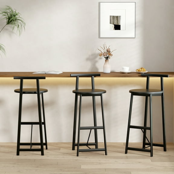 27 inch Modern Black Bar Stool Set of 3 with Footrest, Round MDF Wood Seat Counter Height Chairs for Kitchen Island
