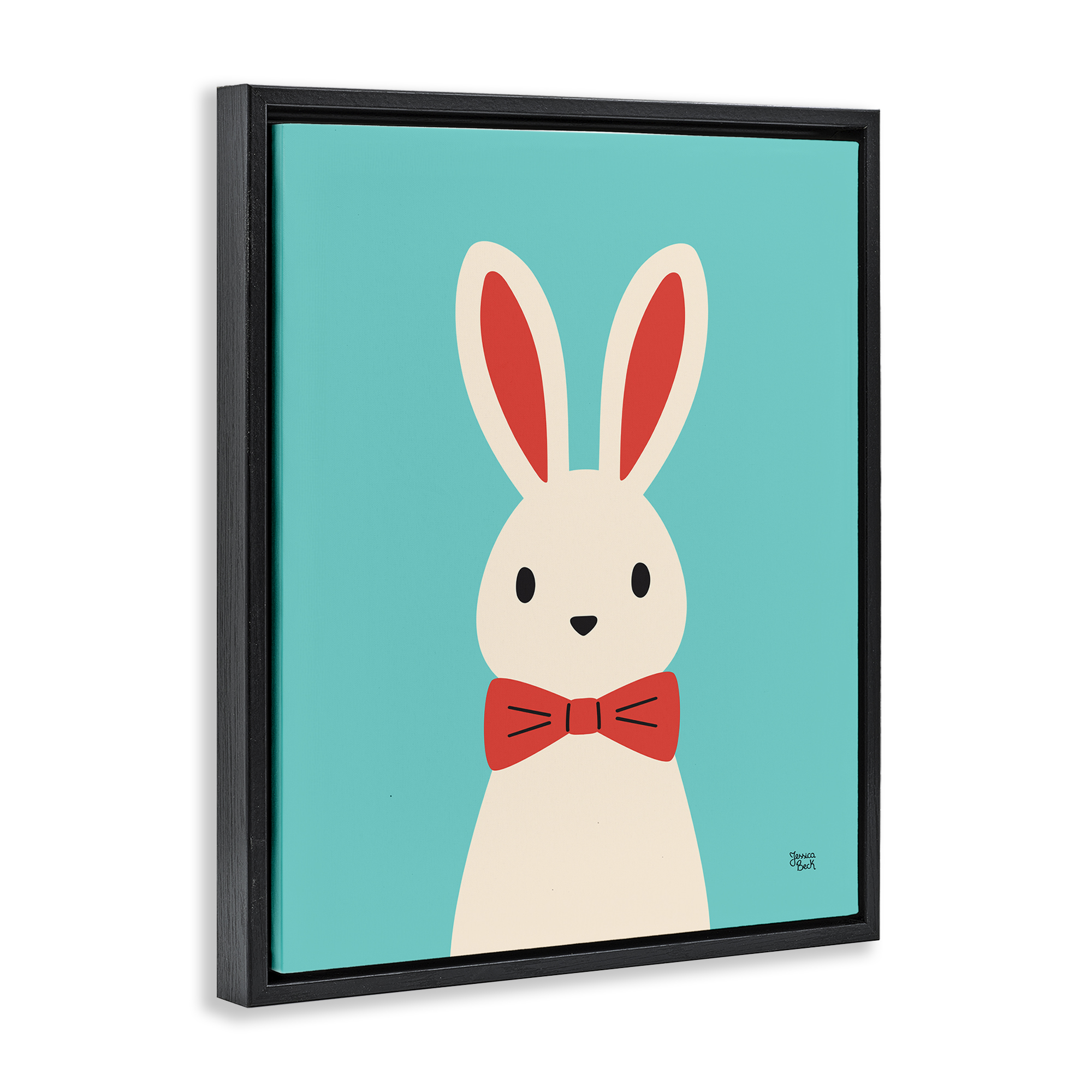 Stupell Industries Rabbit & Bowtie on Turquoise Animals Painting Black Floater Framed Canvas Art Print Wall Art, 17 x 21