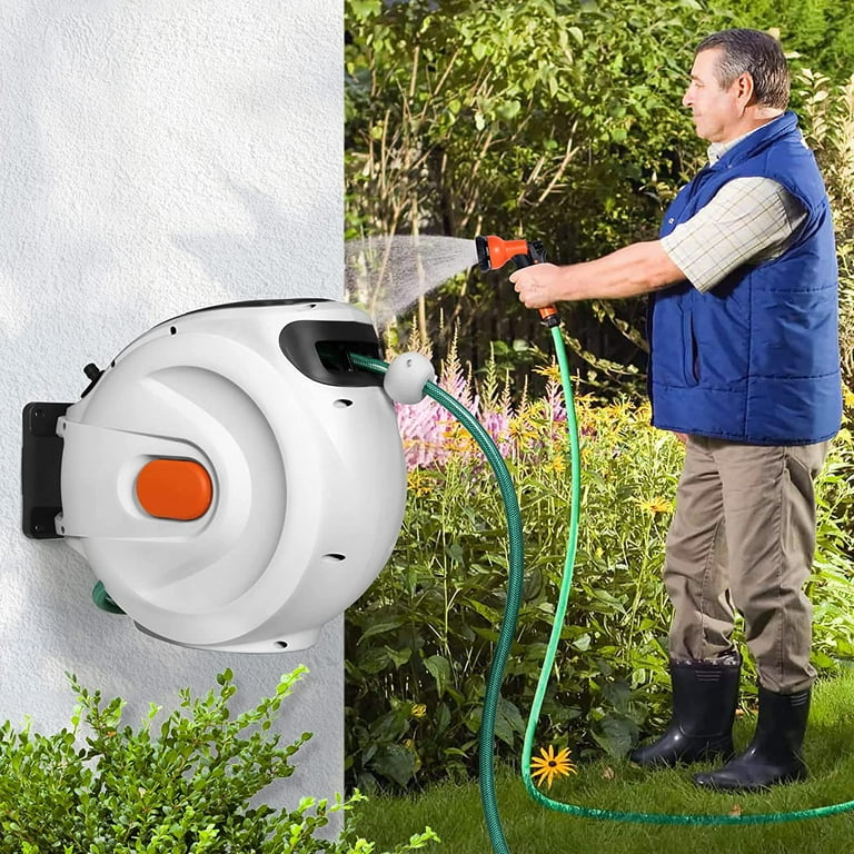 Garden Hose Reel Retractable Hose Reel 1/2 in x 66+3.3 FT Wall-Mounted with  8 Pattern Spray Nozzle, Any Length Lock, 180Swivel Bracket for Plant  Watering, Lawn Care, Yards 