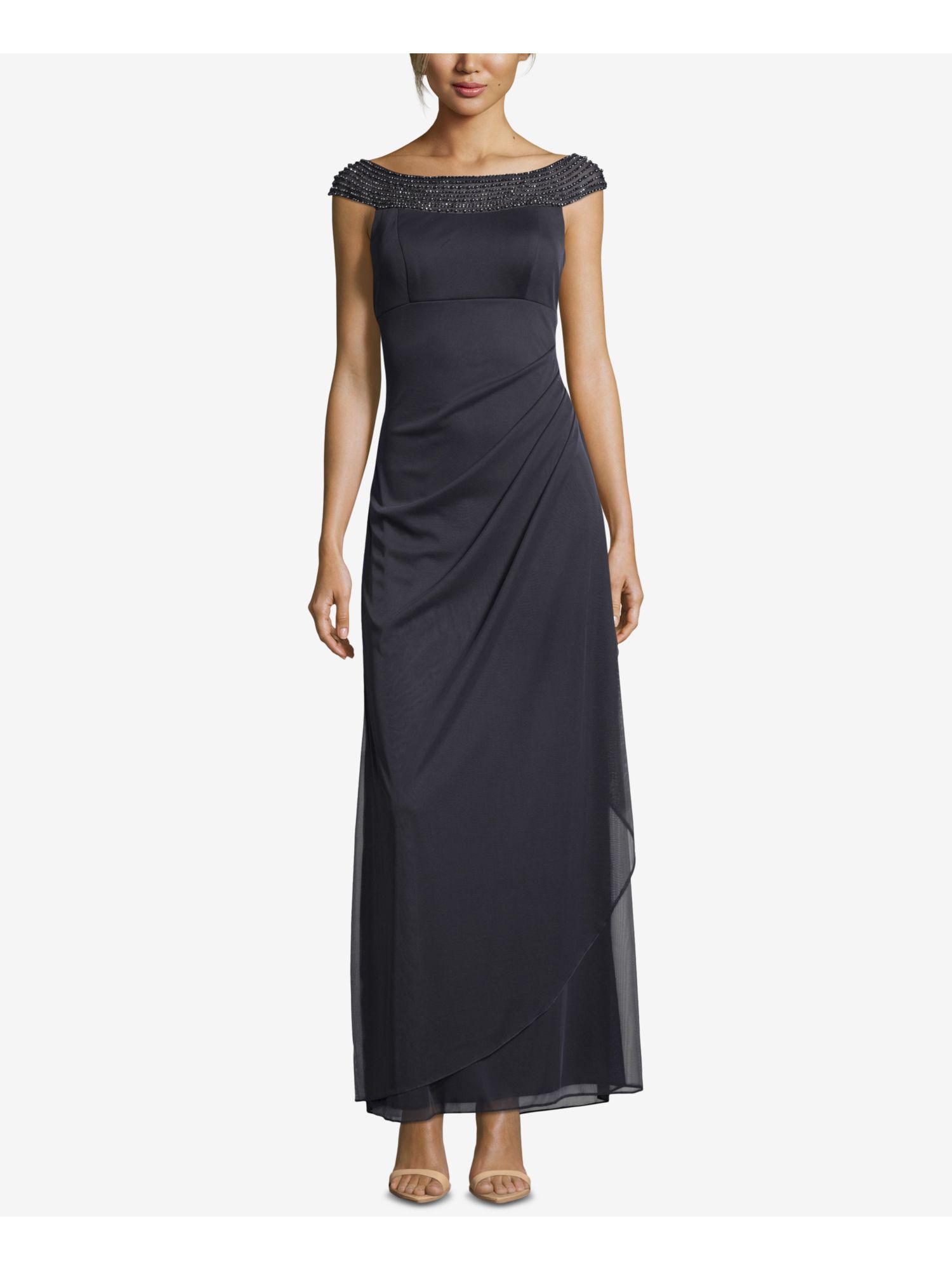 xscape beaded cap sleeve gown
