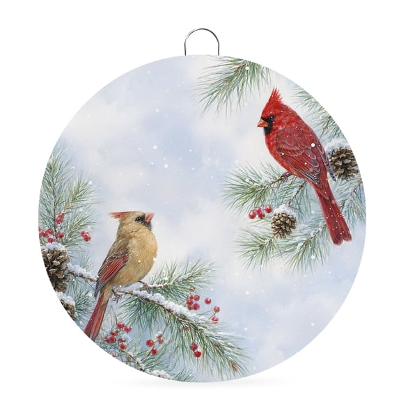 Welcome Sign for Front Door, Christmas Cardinal Round Metal Wall Art Wreaths, Pine Cone Winter Snowflake Xmas Outdoor Indoor Wall Hanging Sign for Porch Decor Housewarming Gifts 7.9 Inch