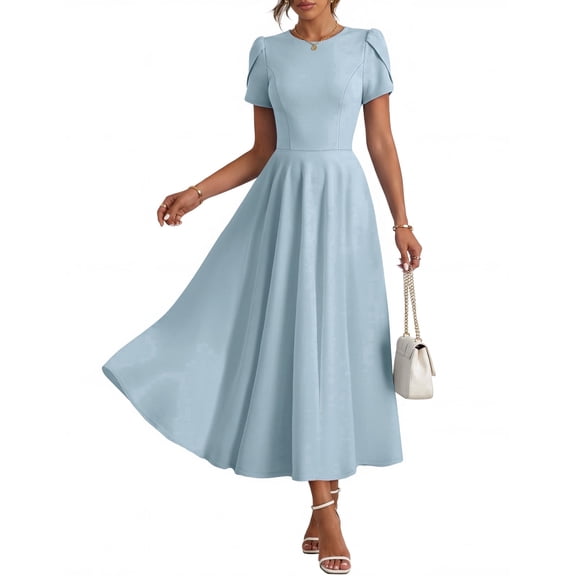 Merokeety Womens Summer Dresses Crewneck A Line Pleated Flowy Midi Dress With Pockets Blue m
