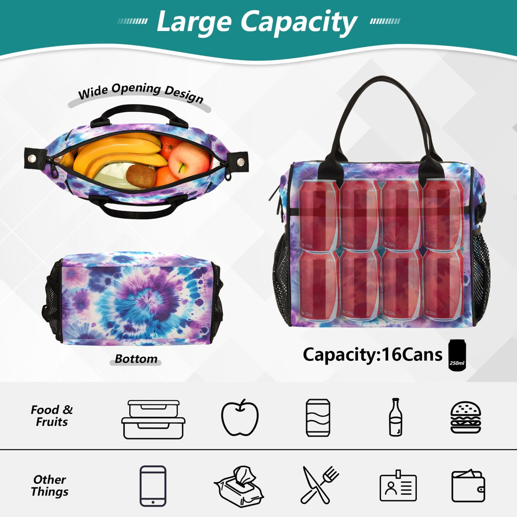 Tie-dye Art Lunch Bag Insulated Lunch Box Leakproof Reusable Cooler Tote Adjustable Shoulder Strap for Men Women 9L