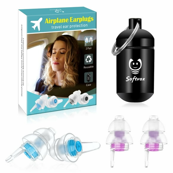 Softvox Airplane Ear Plugs Pressure Relief 2Pairs, Airplane Travel Essentials, Prevent Ear Pain While Flying, Reusable Soft Plane Earplugs Comfy Earbuds for Adults Kids 12+, 25dB Noise Cancelling