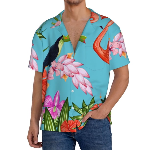 Fotbe Tropical Jungle Flamingo Camisa Estampada de Manga Corta para Hombre, Casual de Verano, Estilo Playero, Sin Arrugas-3X-Large