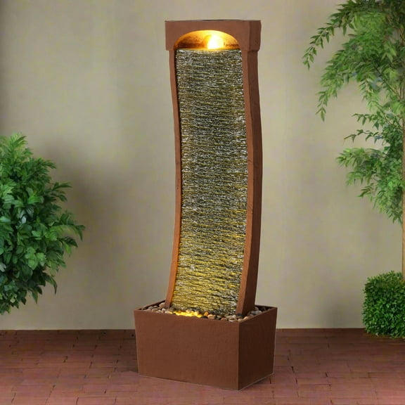 Teamson Home 38.5" Indoor/Outdoor Modern Curved Faux Slate Waterfall Fountain with LED Lights, Red Rock