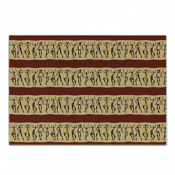 African Cutting Board, Native Indigenous People Different Poses Culture Borders, Decorative Tempered Glass Cutting and Serving Board, Small Size, Ruby Peach Black, by Ambesonne