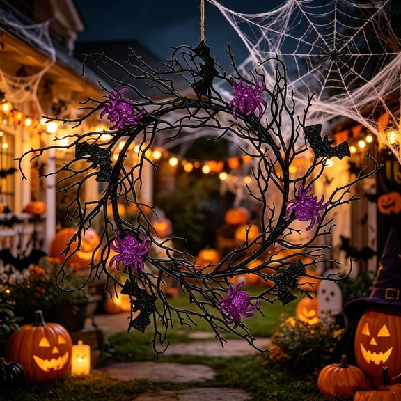 Bcylexb Halloween Twig Wreaths for Front Door, 17.3" Artificial Spooky Door Wreath Bats Dry Branches Hanging Wreaths for Home Porch Window Wall Halloween Party Decor