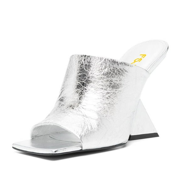 FSJ Women Comfortable Square Open Toe Wedge High Heels Sandals Slip On Backless Mules Summer Dressy Slides Shoes Size 8 Silver