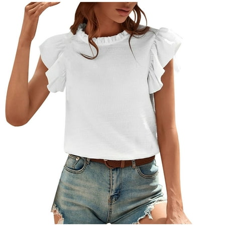 

kakina CMSX Graphic Shirts for Women Clearance Fashion Summer Round-Neck Ruffle Sleeve Solid Casual Blouses Tops Print Casual T-Shirt Blouse White L