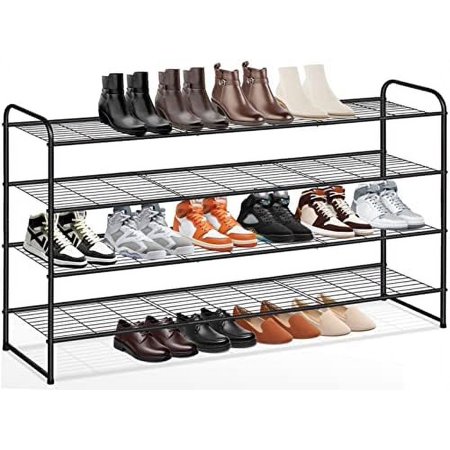 4-Tier Long Shoe Rack for Closet Wide Shoe Organizer for Closet Floor Storage Stackable Shoe Rack for Entryway Metal Shoe Shelf for 30 Pairs Men Sneakers with Wire Grid for Bedroom Black