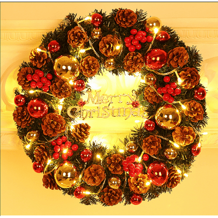 Lighted Christmas Wreaths Lowes GLiving Christmas Wreath with LED Lights, Christmas Decoration Pine Cones Red Ball Battery/Plug Operated Xmas Decor for Front Doors Fireplace Gate ()