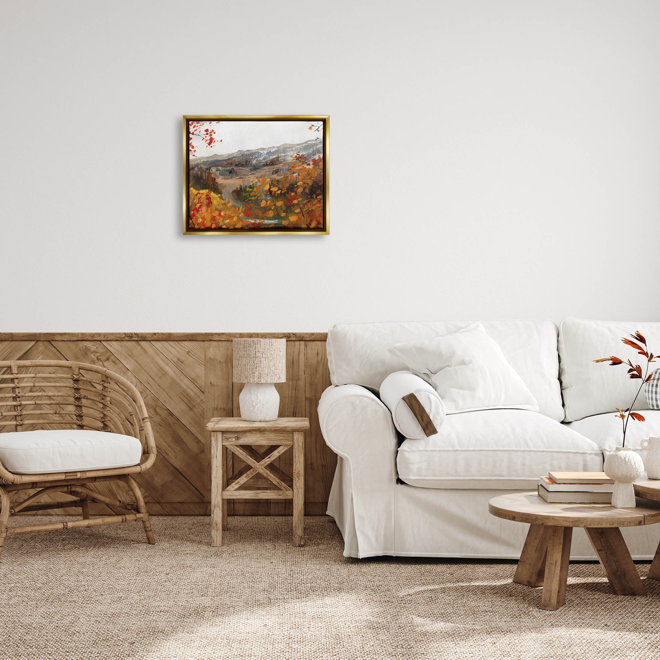 Autumn Foliage Mountain Scene Landscape Painting Metallic Gold Framed Art Print Wall Art