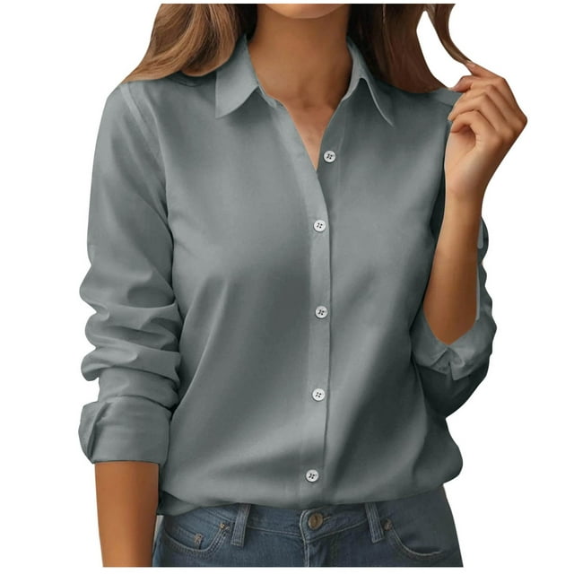 cfhntfmh Womens Button down Shirts Solid Color Dress Shirt Long Sleeve Collared Office Work Blouses Tops Fall Outfits for Women