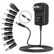 K-MAINS 12V 2A AC Adapter Charger Replacement with 10 Tips, Compatible 12V 2000mA Power Supply Cord for LED Strip Light, CCTV Camera, BT Speaker, GPS, Webcam, Router