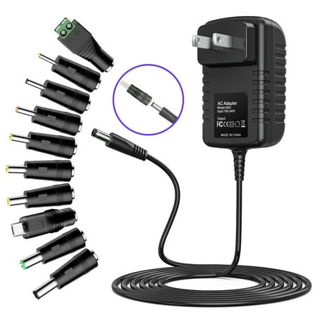 K-MAINS 12V 2A AC Adapter Charger Replacement with 10 Tips, Compatible 12V 2000mA Power Supply Cord for LED Strip Light, CCTV Camera, BT Speaker, GPS, Webcam, Router