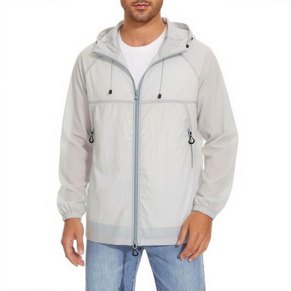 Fashion Jackets for Men Solid Color Casual Outdoor Sunscreen-Clothing Zipper Pocket Hooded Long-Sleeve Jackets Men's UPF 50 UV Protection