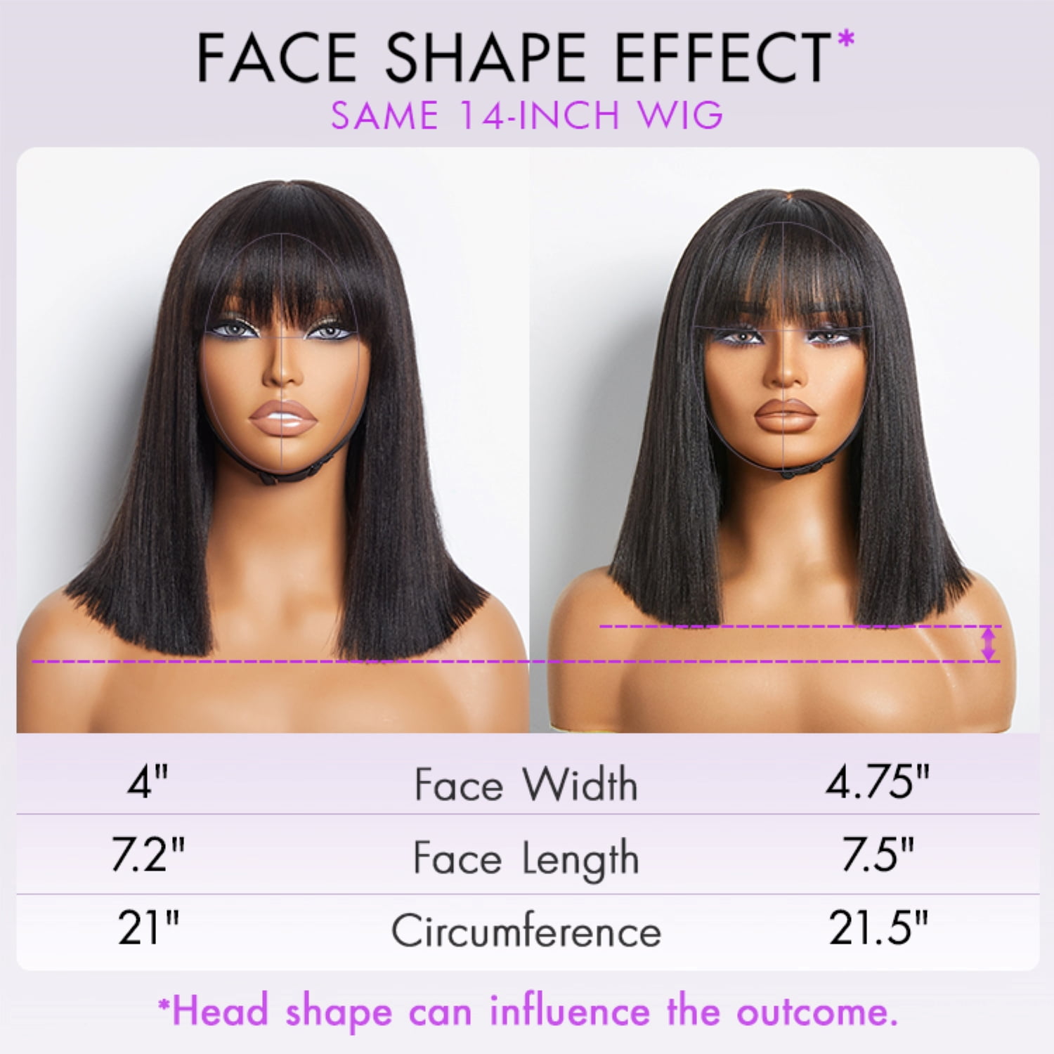 LUVME 10'' Natural Black 100% Human Hair Minimalist Glueless Yaki Bob Bangs Wig 1 Piece