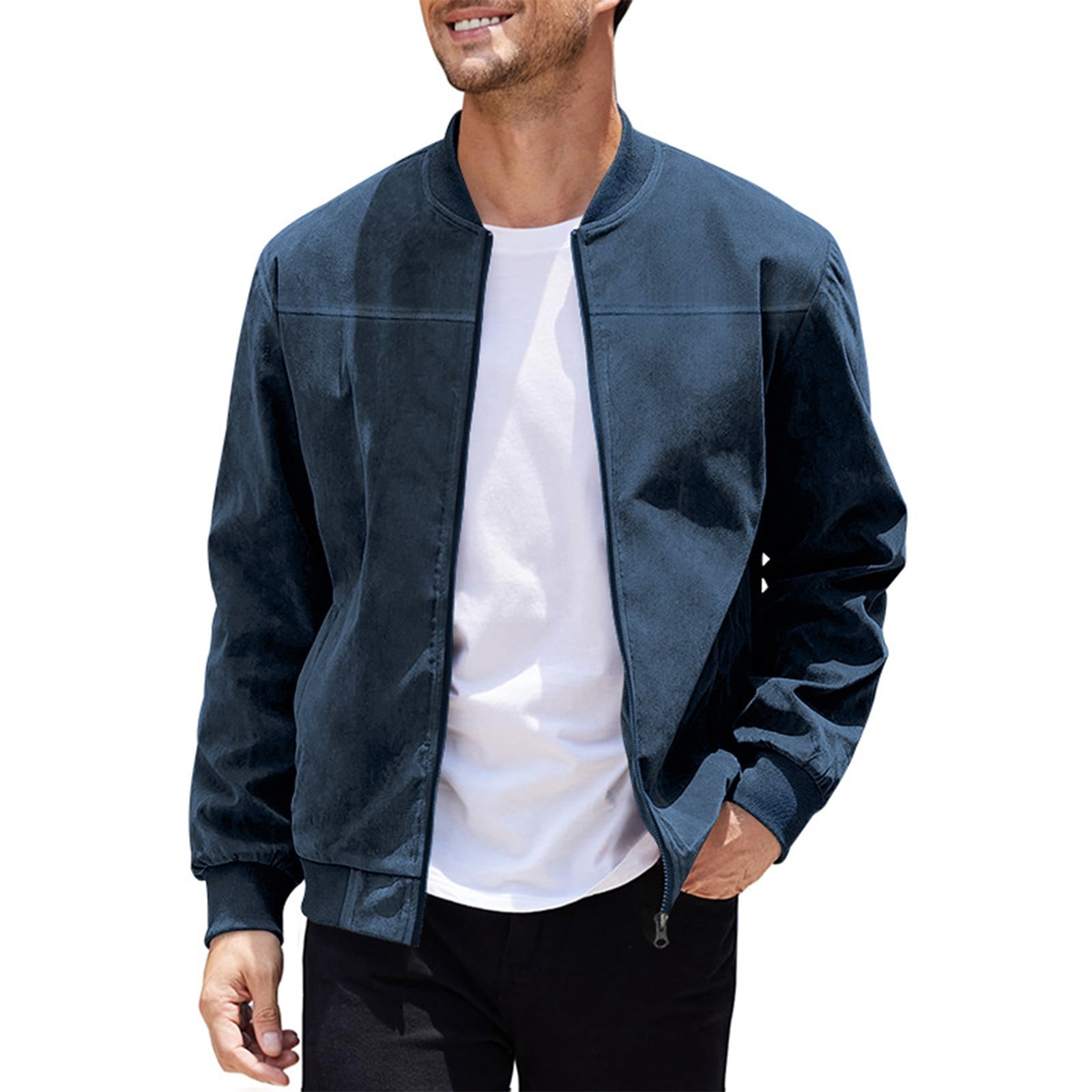 Huresd Mens Genuine Suede Bomber Jacket Leather Casual Varsity Vintage Smart Casual Blue 3XL