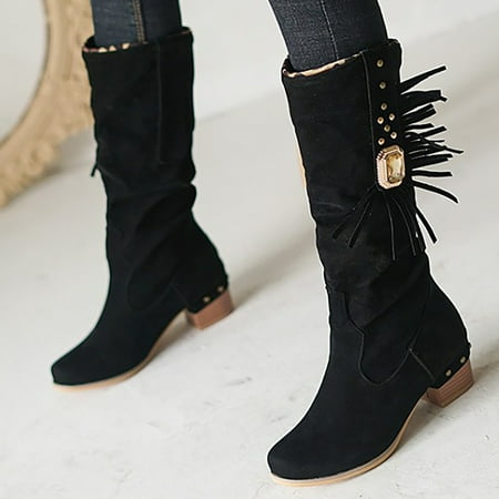 

yinguo fringed fashion solid boots boots color thick suede rhinestone women s heel women s boots
