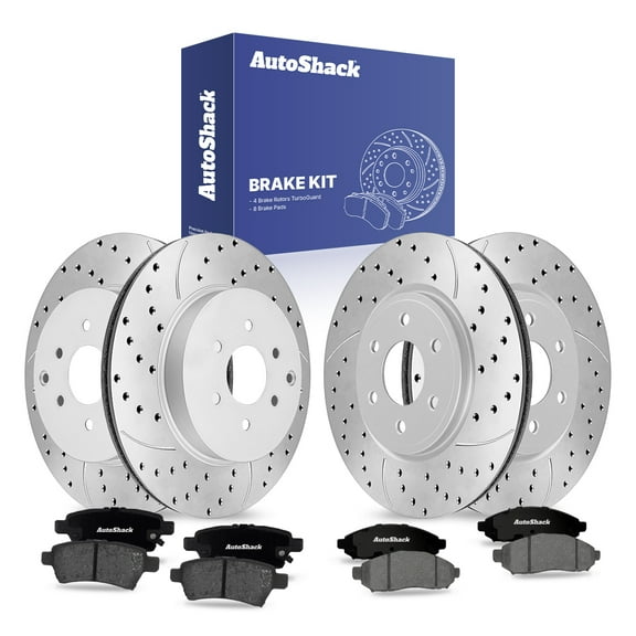 AutoShack Front & Rear Drilled & Slotted Brake Rotors Premium Ceramic Brake Pads | Replacement for 2005-2012 Nissan Pathfinder 4.0L V6 4WD RWD | Silver Coated | 12-PC Brake Kit | TurboGuard
