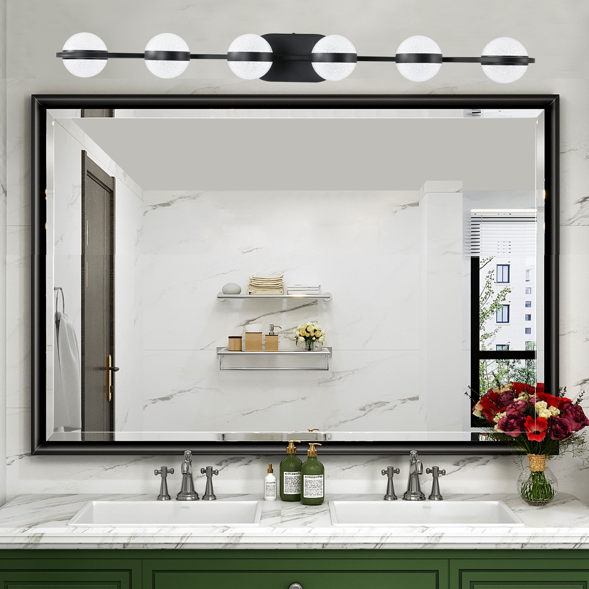 6-Light Black Globe Vanity Light Fixture Modern Round Ball Design for Stylish Bathrooms