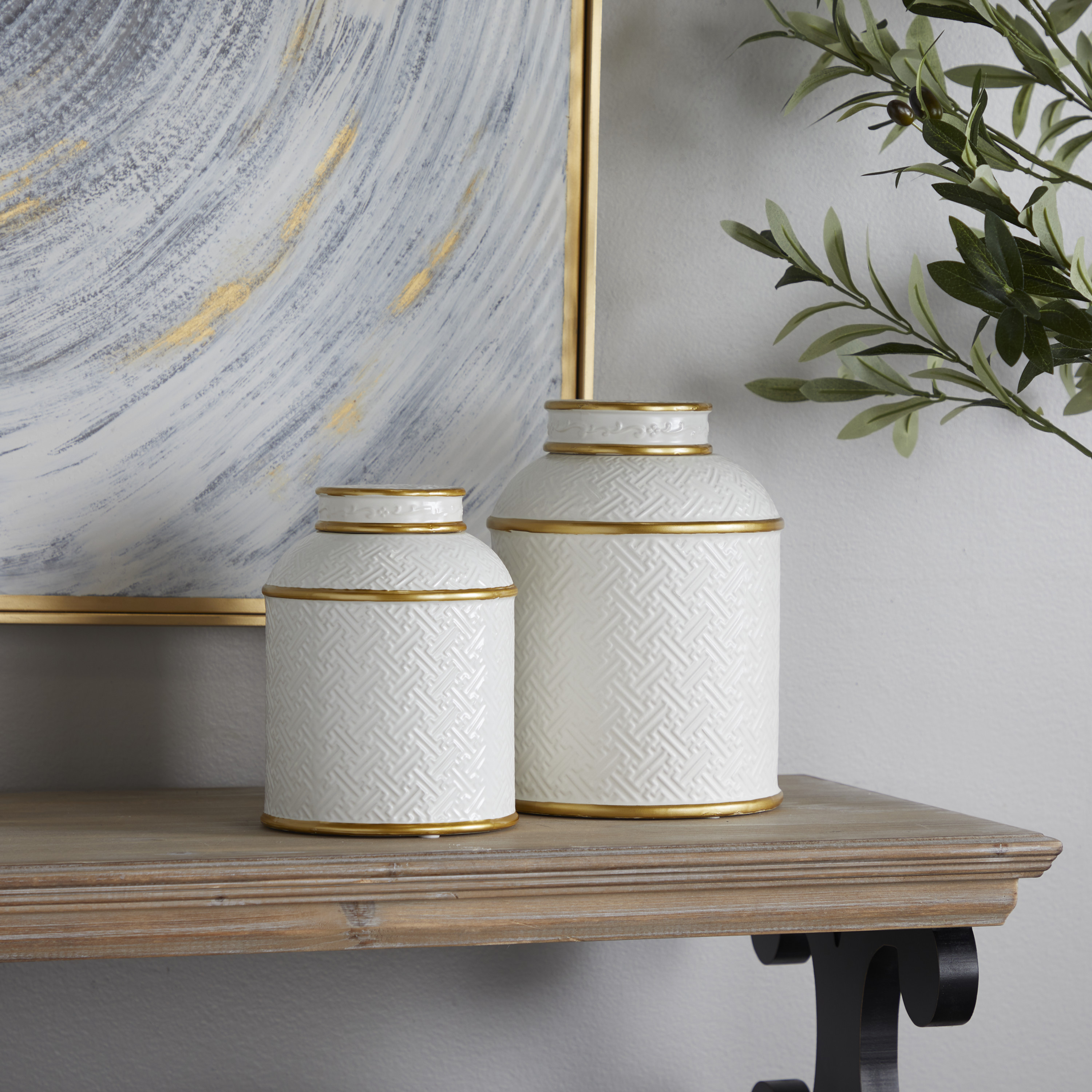 DecMode 10"W, 8"H White Ceramic Decorative Jars with Gold Accents, 2-Pieces
