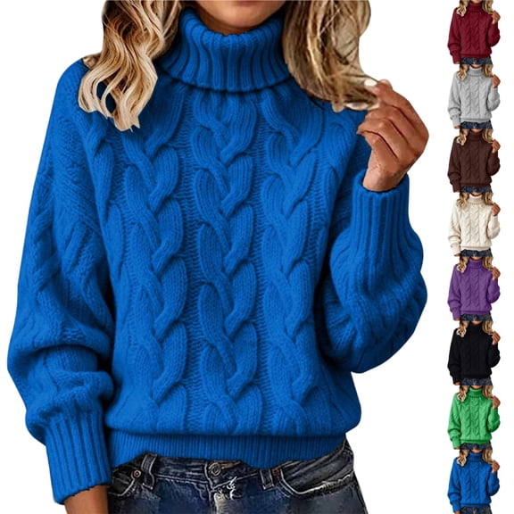 longantii Womens Long Sleeve Cable Knit Sweater Turtleneck Loose Casual Chunky Knit Warm Winter Pullover Tops