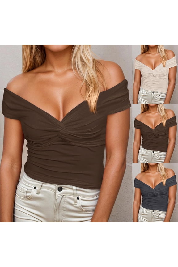 Womens Tops Off The Shoulder Twist Knot Design Short Crop Tops Fashion Summer Spring Clothing Trendy Ladies Solid Color Basic Pullover Tunic Blouse Tee