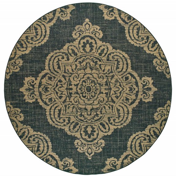 8' Round Black Round Oriental Stain Resistant Indoor Outdoor Area Rug