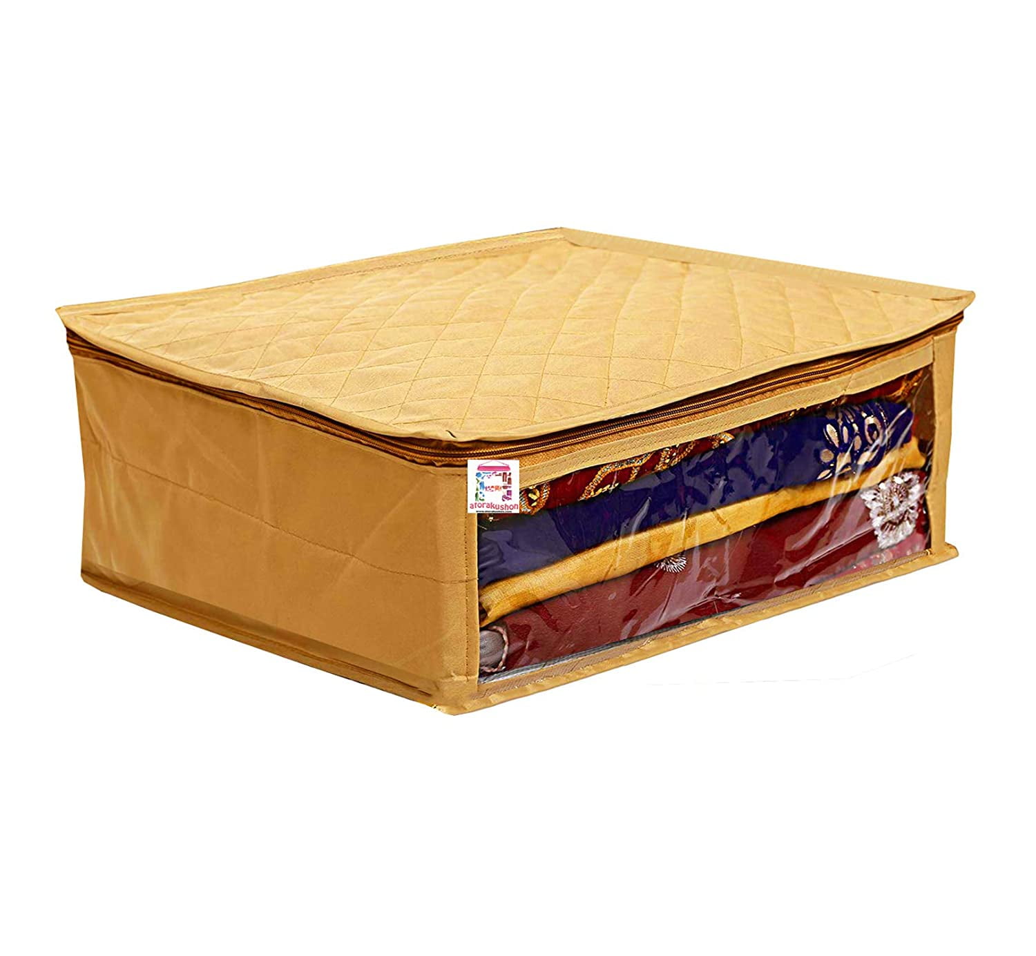 atorakushon Satin Fabric 3 Saree & 2 Blouse Covers Clothes Garments Storage Bag Wardrobe Organizers Strong Zippers & Transparent Window Set of 5 Gold