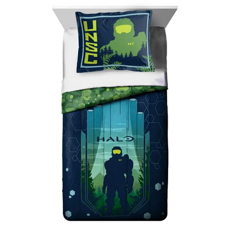 Halo Infinite Master Chief 2-Piece Twin/Full Reversible Comforter and Sham Set, 100% Polyester, Green, Gaming Bedding