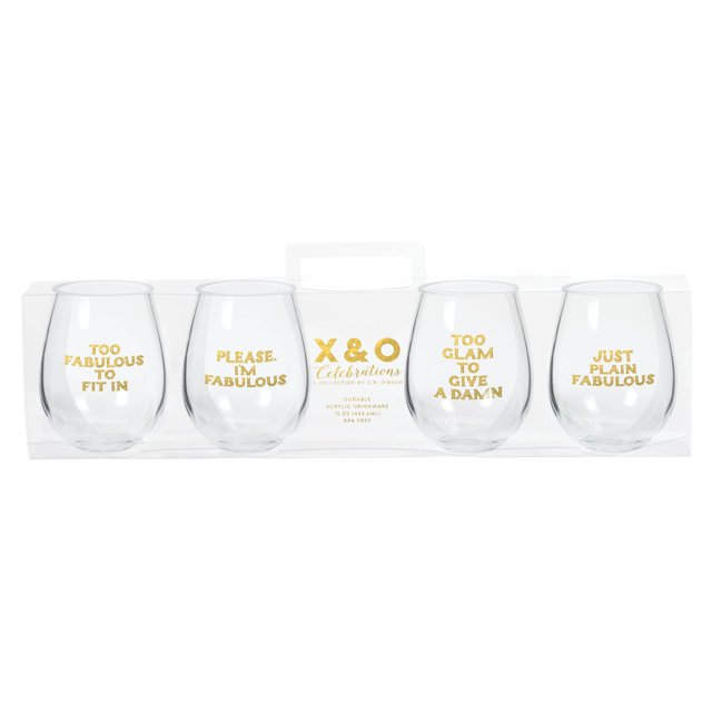 X&O Paper Goods QWGS4-20887 4 Pack Stemless Wine, Fabulous