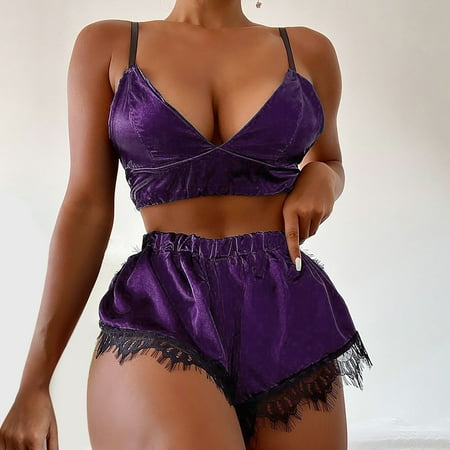 GZWYHT Silk Pajamas Clearance Womens Pajama Sets Women s Lace Sexy Gathered Thin Wireless Bra Set Lingerie Underwear Pajamas Set Pajama Sets for Women 2 Piece Sexy Pajama Set  Purple XXL
