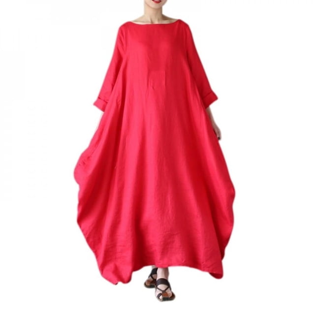 Robes Amples pour Femmes Grande Taille Manches Mi-Longues Col Rond Longueur Cheville Vestido Femme Mode Automne Décontracté Plage Fête Robe Blanc TG