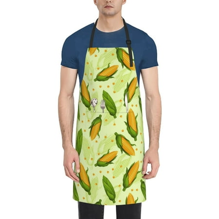 

Qekee Fresh Corn Print Waterproof Apron with Pockets Adjustable Cooking Aprons Kitchen Bib for Baking Household Cleaning
