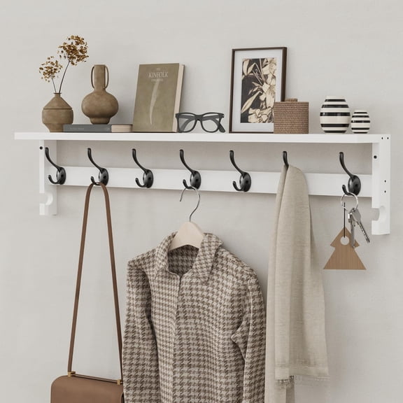 Wall Mounted Coat Hanger with Shelf, Large 35 Inch Rack with Dual Metal Hooks, Practical Storage Solution for Jackets Bags Hats, Suitable for Bathroom Bedroom or Hallway
