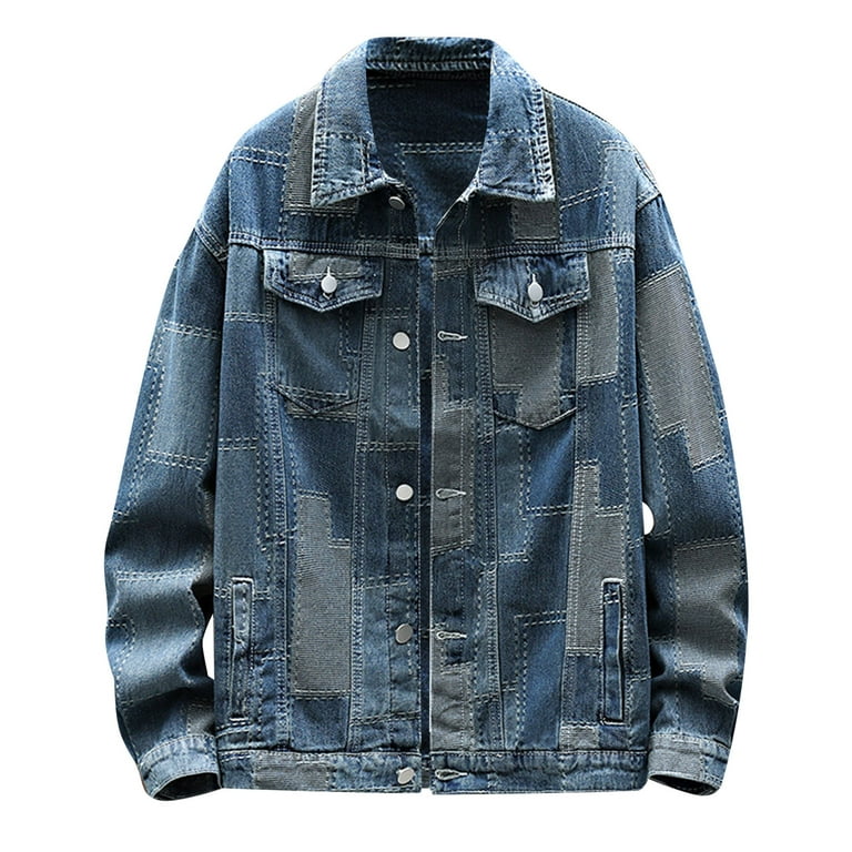 Kali_store Men's Vintage Label Collar Jean Jacket Coat