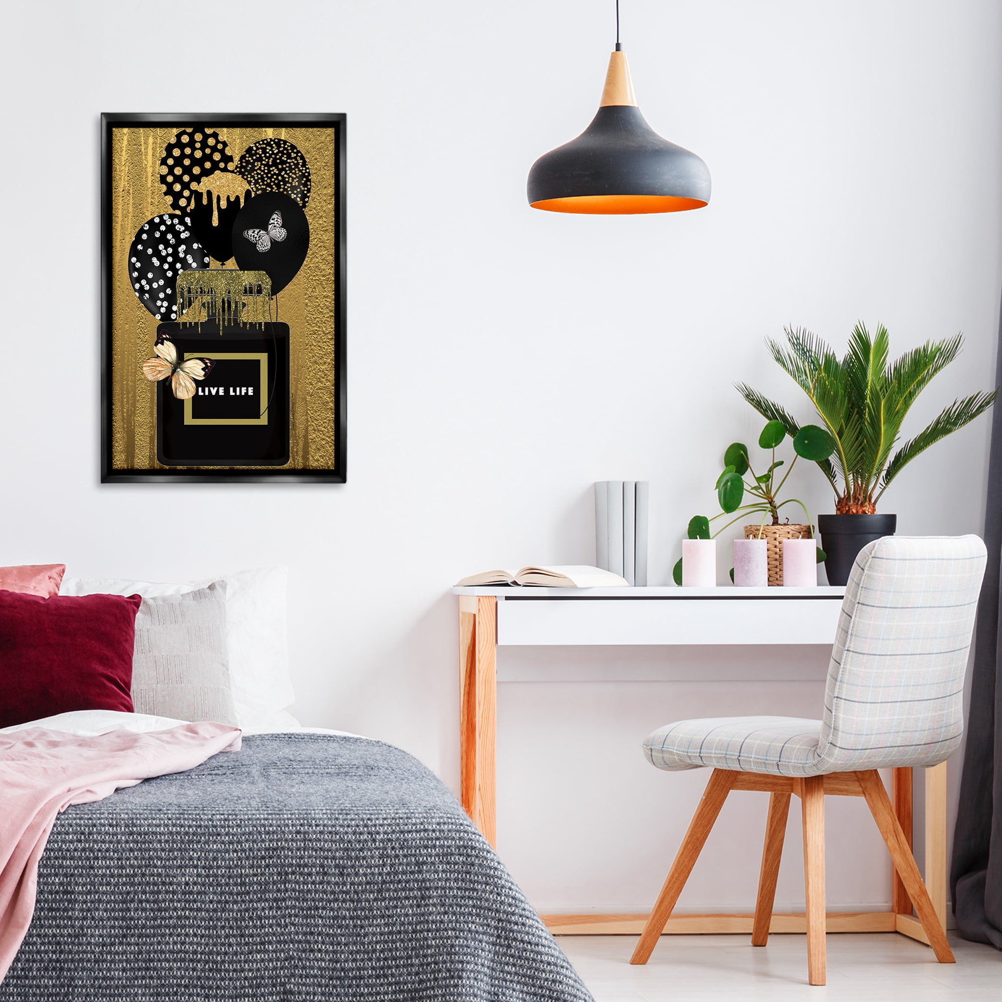 Stupell Industries Live Life Gold & Black Fashion Painting Black Floater Framed Canvas Art Print Wall Art, 21 x 31