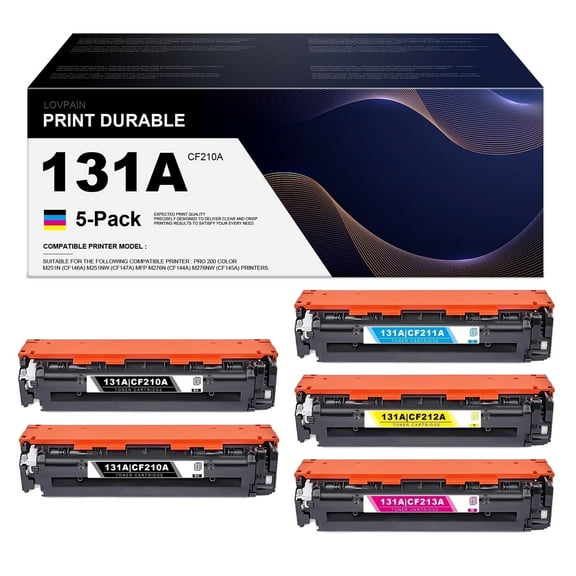 131A | CF210A CF211A CF212A CF213A Toner Cartridge Compatible for HP 131A Printer Toner Cartridges Pro Color M251nw M276nw M251n Printers 5 Pack ( 2 Black 1 Cyan 1 Magenta 1 Yellow)