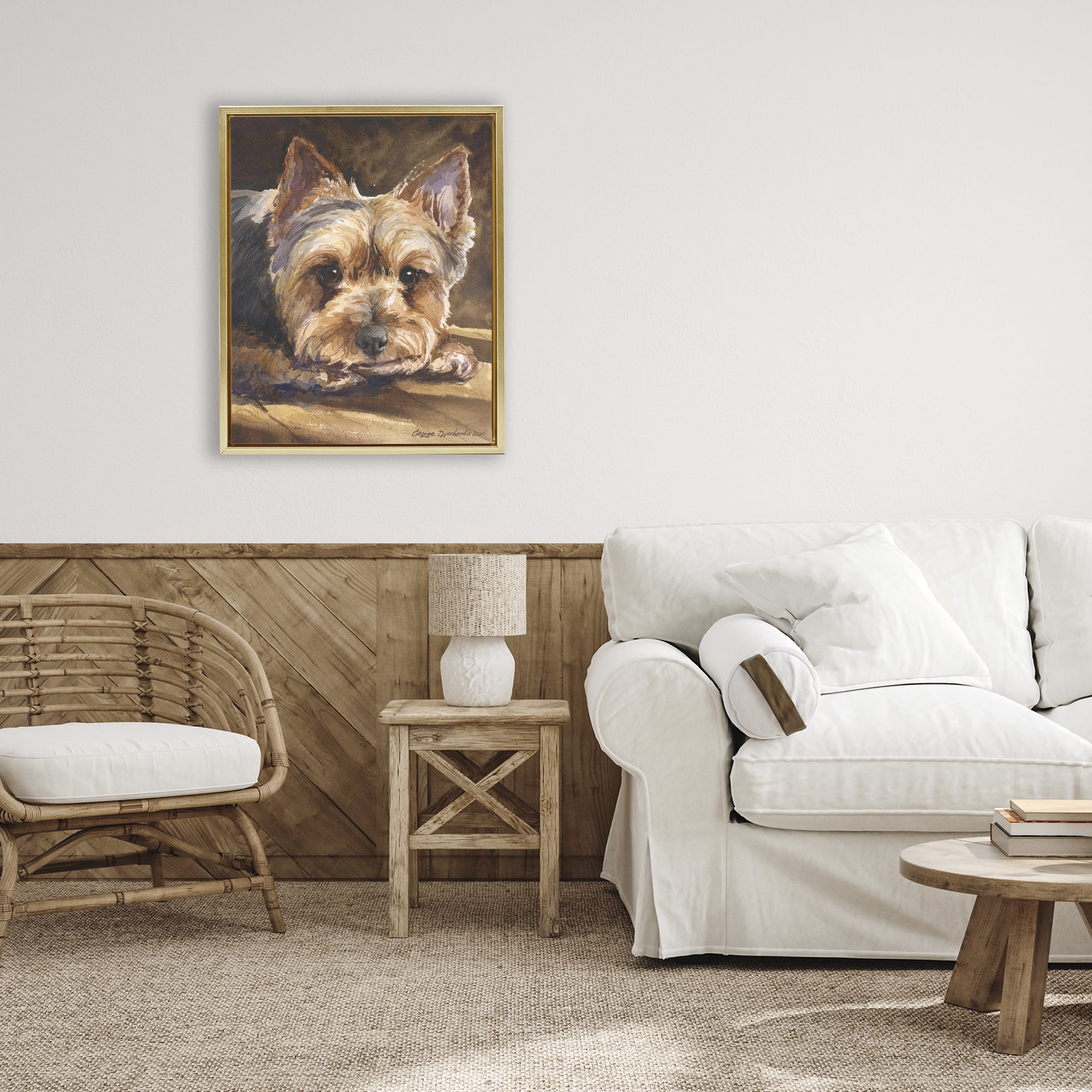 Stupell Industries Yorkshire Terrier Portrait Gold Framed Floater Canvas Wall Art, design by George Dyachenko