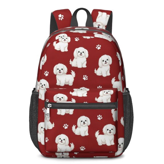 Maltese and Dog Paw Print Red 17" School Backpacks for Teens,Waterproof Oxford Fabric,S-Shape Padded Straps for School,Travel,Hiking,Camping