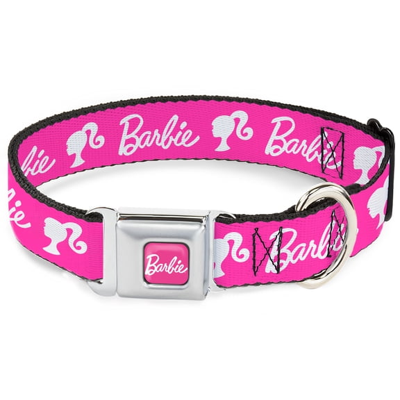 Mattel Pet Collar, Dog Collar Metal Seatbelt Buckle, Barbie Script Signature Logo and Silhouette Hot Pink White, 9.5 to 13 Inches 1.0 Inch Wide