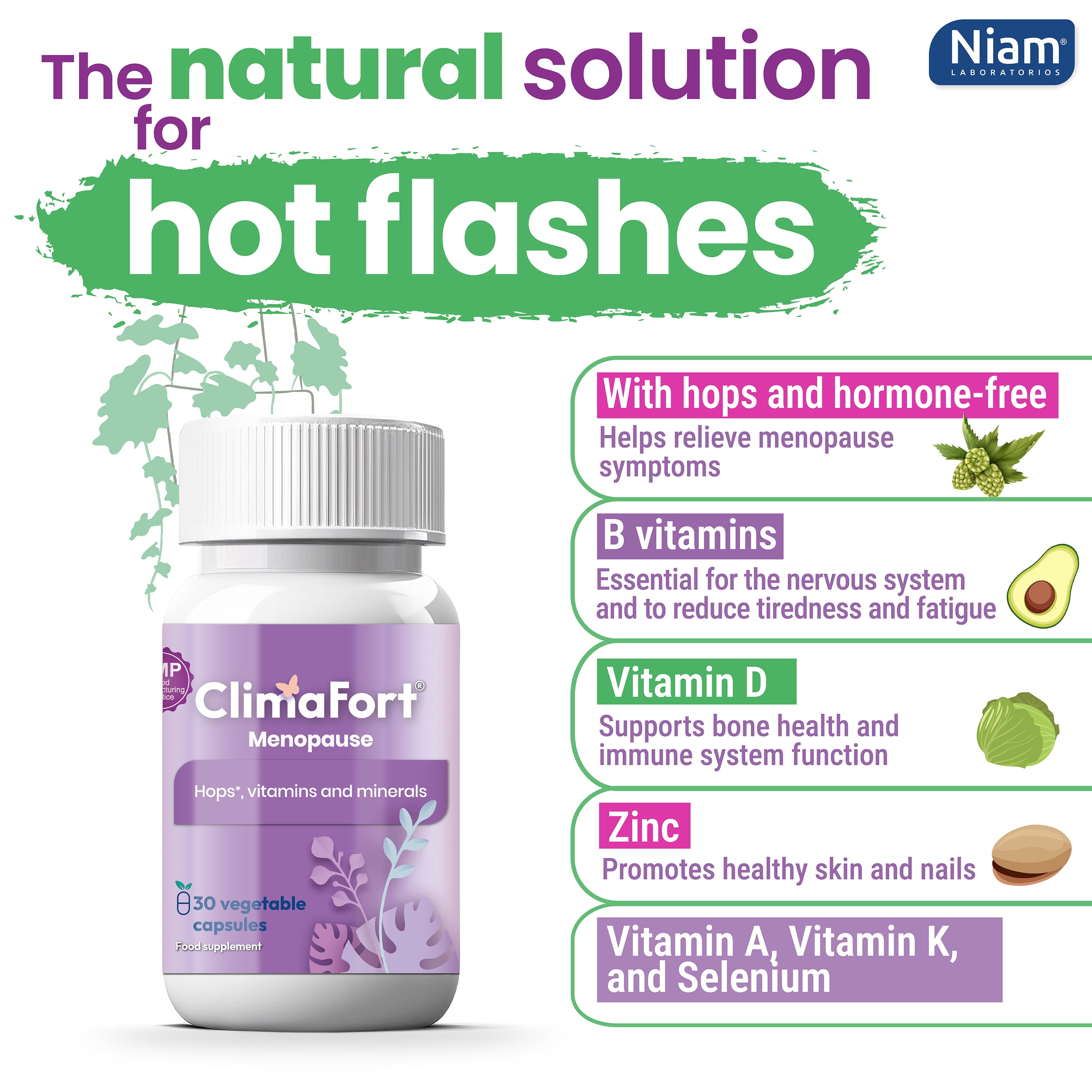 ClimaFort Menopause Support | Helps with Hot Flashes, Night Sweats, Mood Swings | Hormone-Free Menopause Relief Pills for Women | Hops, Vitamins & Minerals | 30 capsules | 1 Capsule Daily