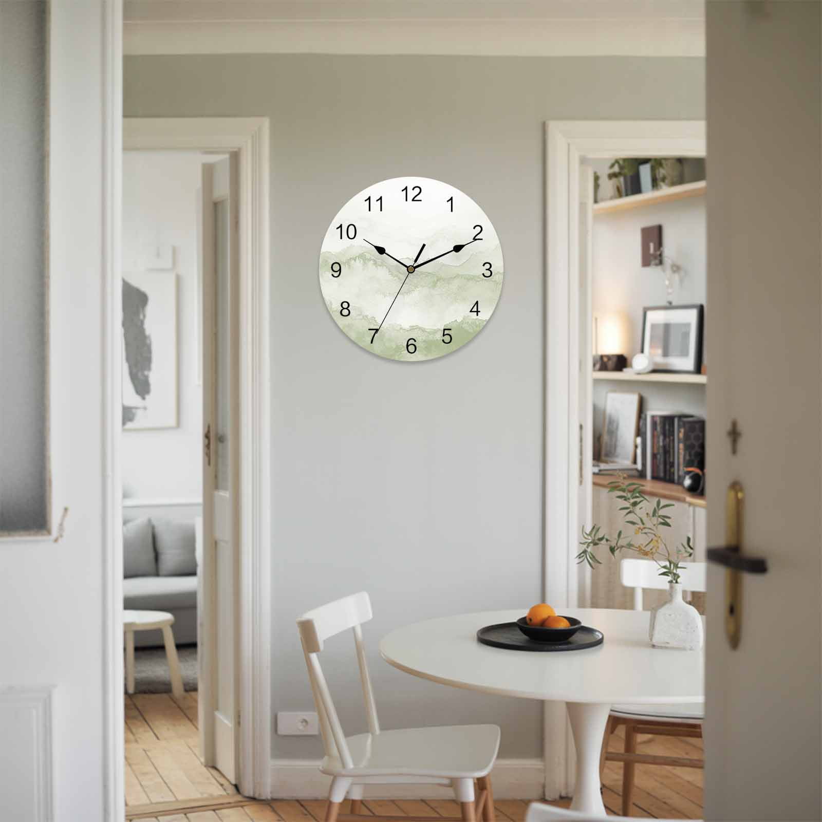 Wall Clock Sage Green Mountain Clocks PVC Silent Non-Ticking Battery Operated Decorative Ombre Abstract Natural Round Clock for Home Living Room Kitchen Bedroom Office School Wall Decor 10 Inch