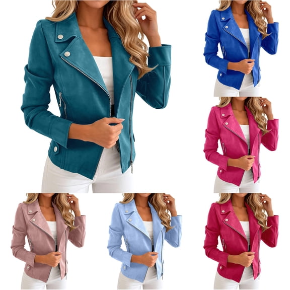 Unir Slim Fit Suede Biker Jacket for Women, Zip Up Button Detail, Casual Everyday Fall Winter Outerwear, 1 Piece, S-XXL, Plus Size Friendly