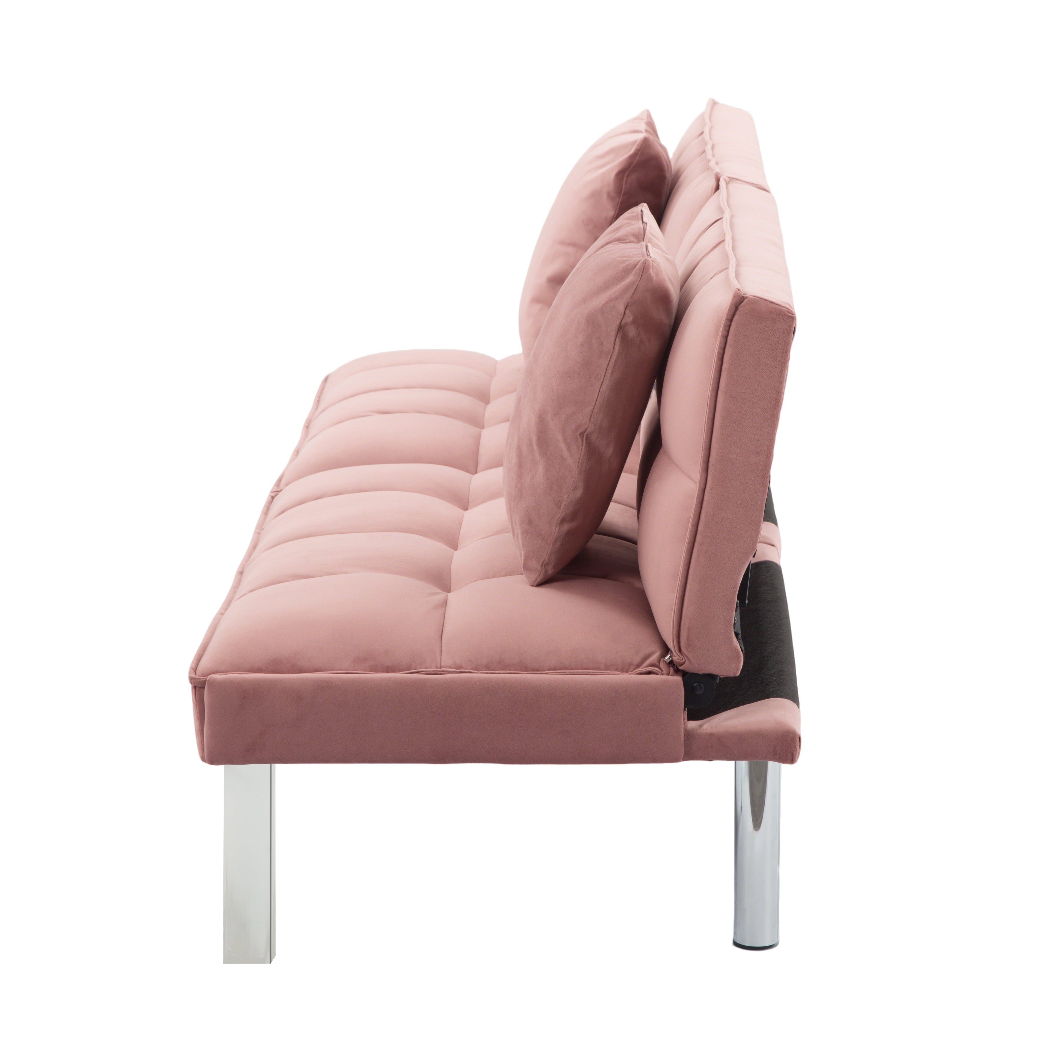 BSHTI Modern Velvet Futon Sofa Bed with 2 Pillows, Convertible Sleeper for Living Room, Office,Guest Room(Rose Red)