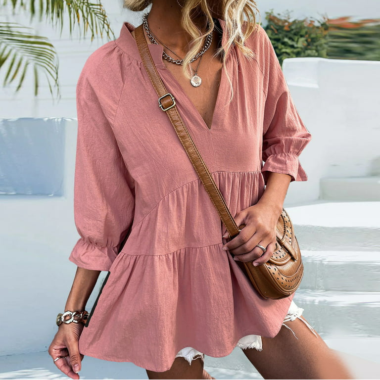 RYRJJ Womens Blouses Summer V Neck Ruffle Short Sleeve Tunic Tops Dressy  Casual Flowy Shirts(Pink,S)