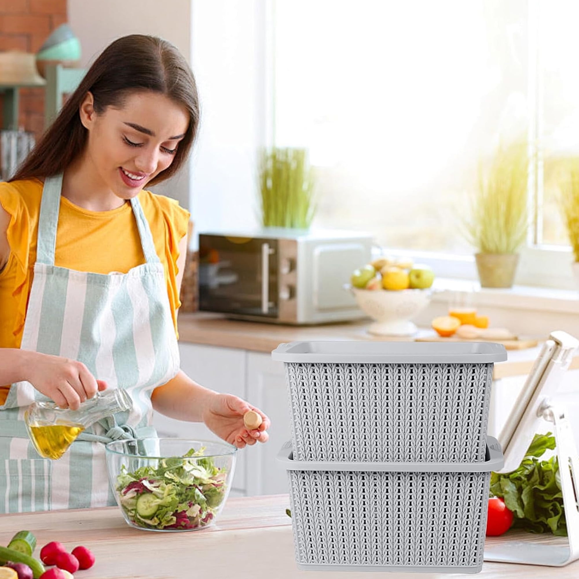 Pethiy 2-Pack Stackable Vegetable Bins, Onion Potato Storage Baskets with Lids, BPA-Free Plastic Canisters for Pantry Countertop Kitchen Organization