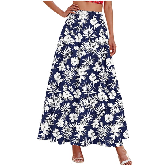 ZToonmas Women's Floral Print Elastic Waist A-Line Maxi Skirt High Waist Flowy Long Skirt with Pockets for Summer Casual Wear
